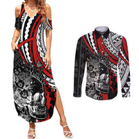 Personalised Polynesia Skull Couples Matching Summer Maxi Dress and Long Sleeve Button Shirts Tattoo In The Style Of Maori With Marine Life Red LT9 - Wonder Print Shop