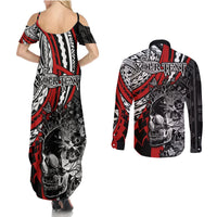 Personalised Polynesia Skull Couples Matching Summer Maxi Dress and Long Sleeve Button Shirts Tattoo In The Style Of Maori With Marine Life Red LT9 - Wonder Print Shop