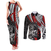Personalised Polynesia Skull Couples Matching Tank Maxi Dress and Long Sleeve Button Shirts Tattoo In The Style Of Maori With Marine Life Red LT9 - Wonder Print Shop