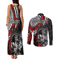 Personalised Polynesia Skull Couples Matching Tank Maxi Dress and Long Sleeve Button Shirts Tattoo In The Style Of Maori With Marine Life Red LT9 - Wonder Print Shop