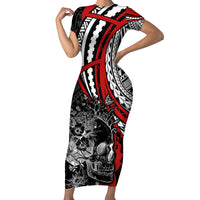 Personalised Polynesia Skull Family Matching Short Sleeve Bodycon Dress and Hawaiian Shirt Tattoo In The Style Of Maori With Marine Life Red - Wonder Print Shop