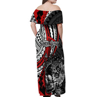 Personalised Polynesia Skull Off Shoulder Maxi Dress Tattoo In The Style Of Maori With Marine Life Red - Wonder Print Shop