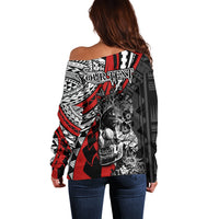 Personalised Polynesia Skull Off Shoulder Sweater Tattoo In The Style Of Maori With Marine Life Red - Wonder Print Shop