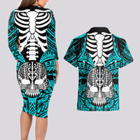 Personalised Polynesia Skull Couples Matching Long Sleeve Bodycon Dress and Hawaiian Shirt With Boars Tusk Aqua Arty Vibe LT9 - Wonder Print Shop