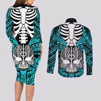 Personalised Polynesia Skull Couples Matching Long Sleeve Bodycon Dress and Long Sleeve Button Shirts With Boars Tusk Aqua Arty Vibe LT9 - Wonder Print Shop