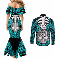 personalised-polynesia-skull-couples-matching-mermaid-dress-and-long-sleeve-button-shirts-with-boars-tusk-aqua-arty-vibe