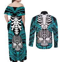 Personalised Polynesia Skull Couples Matching Off Shoulder Maxi Dress and Long Sleeve Button Shirts With Boars Tusk Aqua Arty Vibe LT9 - Wonder Print Shop