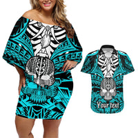 Aqua off-shoulder short dress with skull boar-tusk print and matching Hawaiian shirt