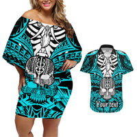 Personalised Polynesia Skull Couples Matching Off Shoulder Short Dress and Hawaiian Shirt With Boars Tusk Aqua Arty Vibe LT9 - Wonder Print Shop