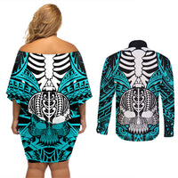 Personalised Polynesia Skull Couples Matching Off Shoulder Short Dress and Long Sleeve Button Shirts With Boars Tusk Aqua Arty Vibe LT9 - Wonder Print Shop