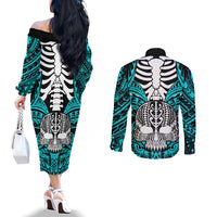 personalised-polynesia-skull-couples-matching-off-the-shoulder-long-sleeve-dress-and-long-sleeve-button-shirts-with-boars-tusk-aqua-arty-vibe