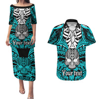 Personalised Polynesia Skull Couples Matching Puletasi Dress and Hawaiian Shirt With Boars Tusk Aqua Arty Vibe LT9 - Wonder Print Shop