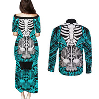 Personalised Polynesia Skull Couples Matching Puletasi Dress and Long Sleeve Button Shirts With Boars Tusk Aqua Arty Vibe LT9 - Wonder Print Shop