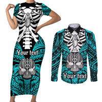 Personalised Polynesia Skull Couples Matching Short Sleeve Bodycon Dress and Long Sleeve Button Shirts With Boars Tusk Aqua Arty Vibe LT9 - Wonder Print Shop