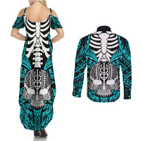 Personalised Polynesia Skull Couples Matching Summer Maxi Dress and Long Sleeve Button Shirts With Boars Tusk Aqua Arty Vibe LT9 - Wonder Print Shop