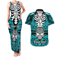 Personalised Polynesia Skull Couples Matching Tank Maxi Dress and Hawaiian Shirt With Boars Tusk Aqua Arty Vibe LT9 - Wonder Print Shop