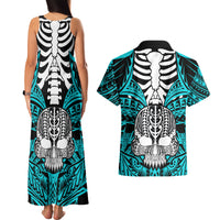 Personalised Polynesia Skull Couples Matching Tank Maxi Dress and Hawaiian Shirt With Boars Tusk Aqua Arty Vibe LT9 - Wonder Print Shop