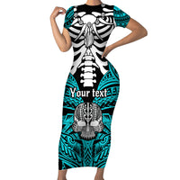 Personalised Polynesia Skull Family Matching Short Sleeve Bodycon Dress and Hawaiian Shirt With Boars Tusk Aqua Arty Vibe - Wonder Print Shop