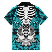 Aqua Hawaiian shirt with black collar, boar skull tusk front graphic, tribal pattern