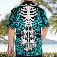 Aqua Hawaiian shirt back view with black collar, boar skull tusk tribal artwork