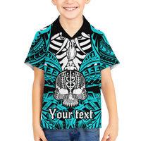 Kids aqua Hawaiian shirt with black collar, boar skull tusk graphic, tribal pattern