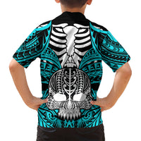 Kids aqua Hawaiian shirt back view with black collar, boar skull tusk tribal artwork