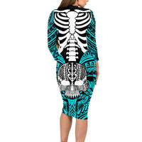 Personalised Polynesia Skull Long Sleeve Bodycon Dress With Boars Tusk Aqua Arty Vibe - Wonder Print Shop
