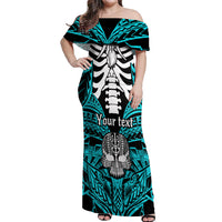 Personalised Polynesia Skull Off Shoulder Maxi Dress With Boars Tusk Aqua Arty Vibe - Wonder Print Shop