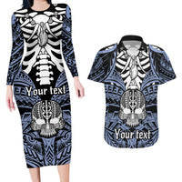Personalised Polynesia Skull Couples Matching Long Sleeve Bodycon Dress and Hawaiian Shirt With Boars Tusk Blue Arty Vibe LT9 - Wonder Print Shop