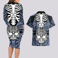 Personalised Polynesia Skull Couples Matching Long Sleeve Bodycon Dress and Hawaiian Shirt With Boars Tusk Blue Arty Vibe LT9 - Wonder Print Shop