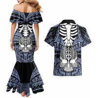 Personalised Polynesia Skull Couples Matching Mermaid Dress and Hawaiian Shirt With Boars Tusk Blue Arty Vibe LT9 - Wonder Print Shop