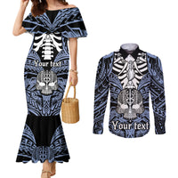 personalised-polynesia-skull-couples-matching-mermaid-dress-and-long-sleeve-button-shirts-with-boars-tusk-blue-arty-vibe