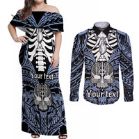 Personalised Polynesia Skull Couples Matching Off Shoulder Maxi Dress and Long Sleeve Button Shirts With Boars Tusk Blue Arty Vibe LT9 - Wonder Print Shop