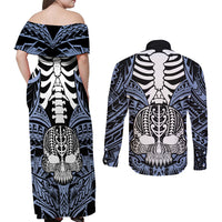 Personalised Polynesia Skull Couples Matching Off Shoulder Maxi Dress and Long Sleeve Button Shirts With Boars Tusk Blue Arty Vibe LT9 - Wonder Print Shop