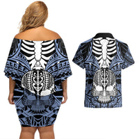 Personalised Polynesia Skull Couples Matching Off Shoulder Short Dress and Hawaiian Shirt With Boars Tusk Blue Arty Vibe LT9 - Wonder Print Shop