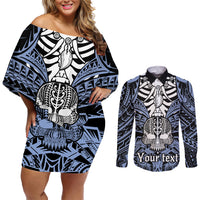 Personalised Polynesia Skull Couples Matching Off Shoulder Short Dress and Long Sleeve Button Shirts With Boars Tusk Blue Arty Vibe LT9 - Wonder Print Shop