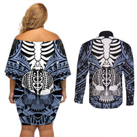 Personalised Polynesia Skull Couples Matching Off Shoulder Short Dress and Long Sleeve Button Shirts With Boars Tusk Blue Arty Vibe LT9 - Wonder Print Shop