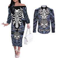 personalised-polynesia-skull-couples-matching-off-the-shoulder-long-sleeve-dress-and-long-sleeve-button-shirts-with-boars-tusk-blue-arty-vibe