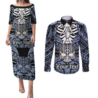 Personalised Polynesia Skull Couples Matching Puletasi Dress and Long Sleeve Button Shirts With Boars Tusk Blue Arty Vibe LT9 - Wonder Print Shop