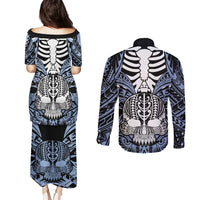 Personalised Polynesia Skull Couples Matching Puletasi Dress and Long Sleeve Button Shirts With Boars Tusk Blue Arty Vibe LT9 - Wonder Print Shop