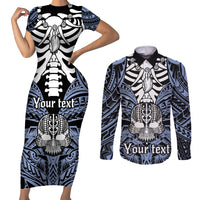 Personalised Polynesia Skull Couples Matching Short Sleeve Bodycon Dress and Long Sleeve Button Shirts With Boars Tusk Blue Arty Vibe LT9 - Wonder Print Shop