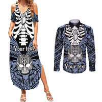 Personalised Polynesia Skull Couples Matching Summer Maxi Dress and Long Sleeve Button Shirts With Boars Tusk Blue Arty Vibe LT9 - Wonder Print Shop