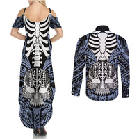 Personalised Polynesia Skull Couples Matching Summer Maxi Dress and Long Sleeve Button Shirts With Boars Tusk Blue Arty Vibe LT9 - Wonder Print Shop