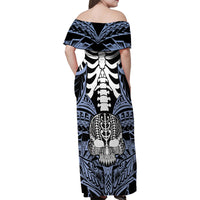 Personalised Polynesia Skull Family Matching Off Shoulder Maxi Dress and Hawaiian Shirt With Boars Tusk Blue Arty Vibe LT9 - Wonder Print Shop