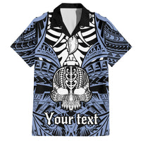 Blue Hawaiian shirt with black collar and large tribal skull boar tusk graphic