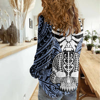 Personalised Polynesia Skull Women Casual Shirt With Boars Tusk Blue Arty Vibe - Wonder Print Shop