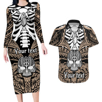 Personalised Polynesia Skull Couples Matching Long Sleeve Bodycon Dress and Hawaiian Shirt With Boars Tusk Gold Arty Vibe LT9 - Wonder Print Shop