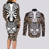 Personalised Polynesia Skull Couples Matching Long Sleeve Bodycon Dress and Long Sleeve Button Shirts With Boars Tusk Gold Arty Vibe LT9 - Wonder Print Shop