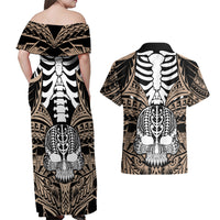 Personalised Polynesia Skull Couples Matching Off Shoulder Maxi Dress and Hawaiian Shirt With Boars Tusk Gold Arty Vibe LT9 - Wonder Print Shop