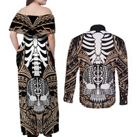 Personalised Polynesia Skull Couples Matching Off Shoulder Maxi Dress and Long Sleeve Button Shirts With Boars Tusk Gold Arty Vibe LT9 - Wonder Print Shop